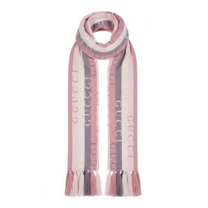 Authentic Gucci Pink Grey Cream Wool Cotton Striped Logo Wrap Scarf